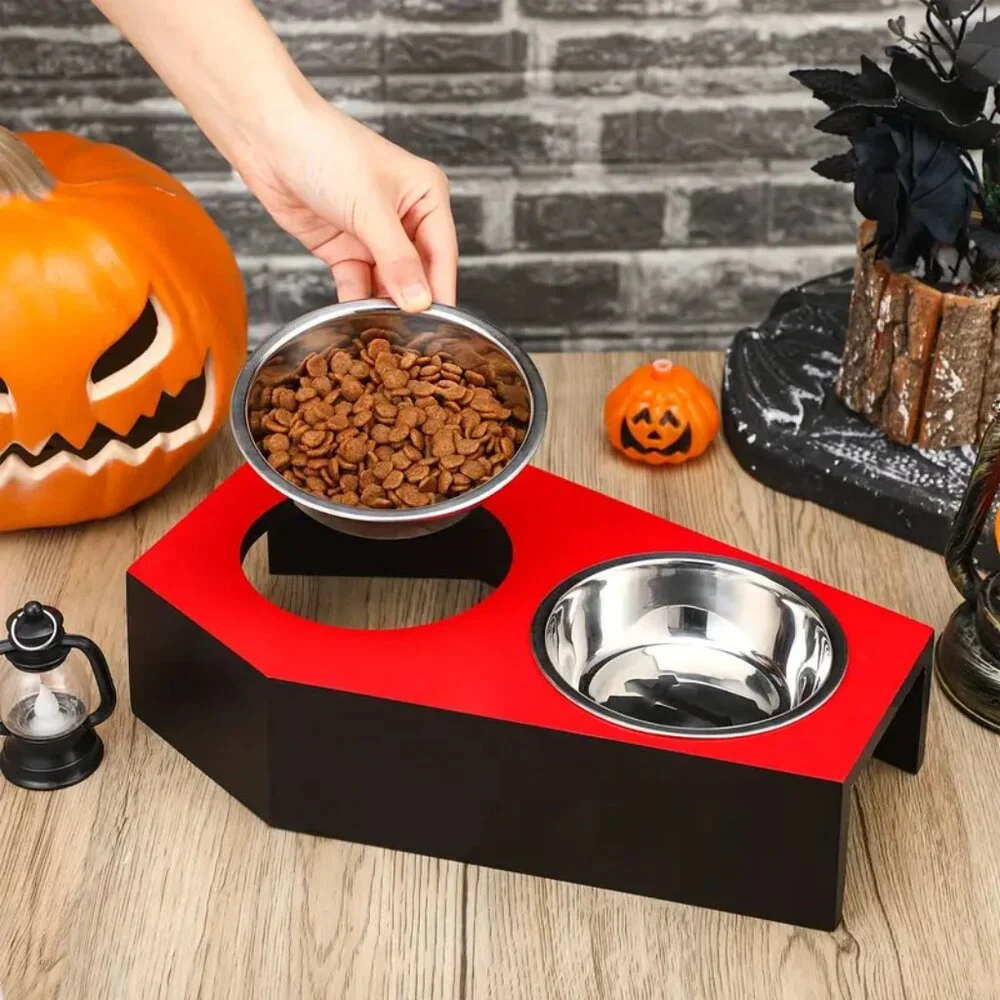 {NEW} Gothic Cat Food Bowls 5° Raised Elevated Wooden Coffin Cat Bowl